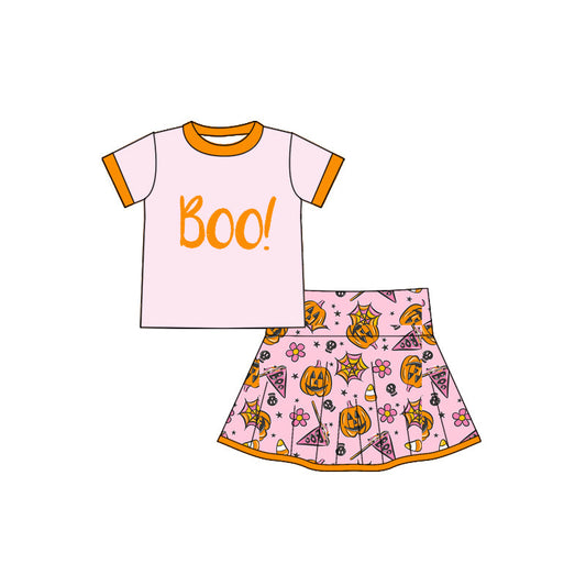 ( Moq 5 ) Preorder Baby Girl Short Sleeves Boo Shirt Pumpkins Flower Skorts Halloween Set