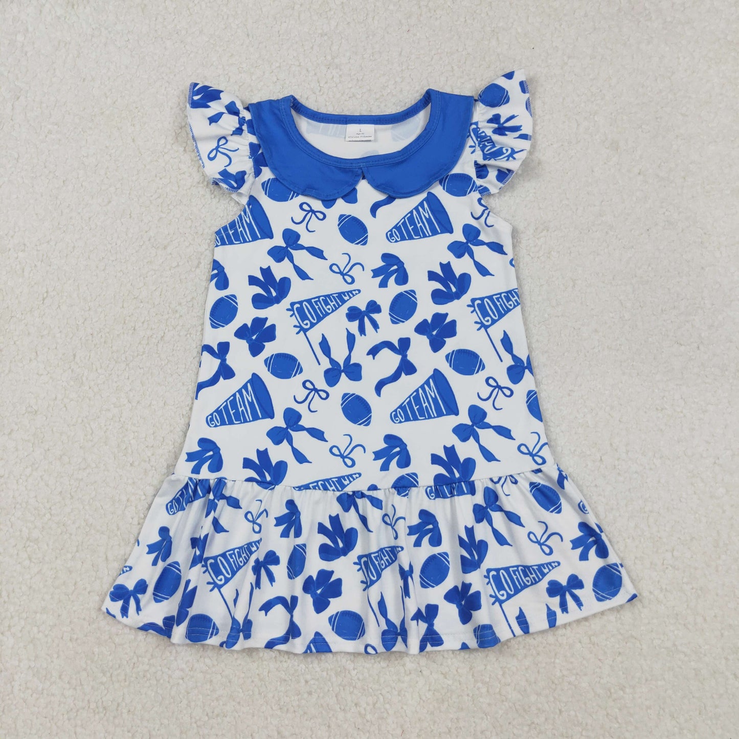 Sibling Girls Kids Blue Bows Football Team Cheer Zipper Romper Dress RTS