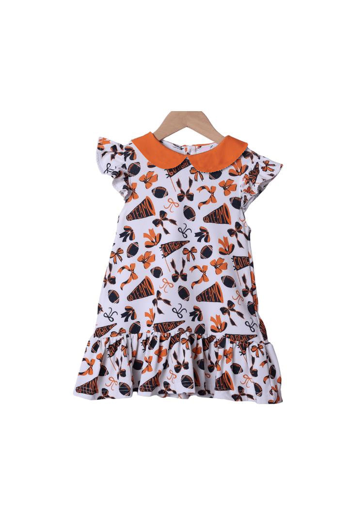( Moq 5 ) Preorder Baby Girl Short Sleeves Cheer Orange Bows Summer Team Knee Length Dress