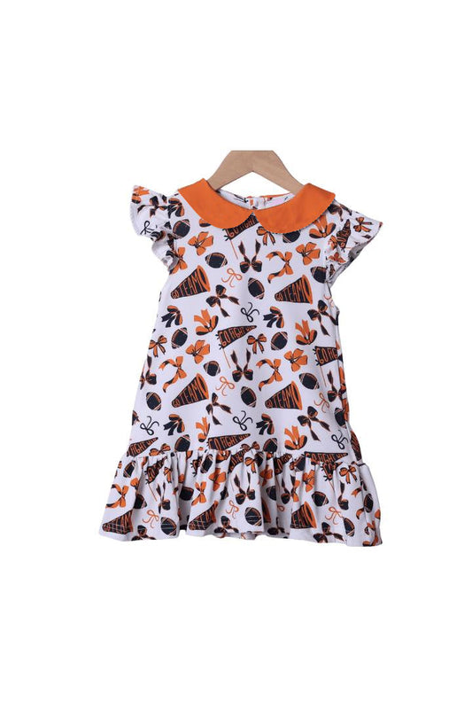 ( Moq 5 ) Preorder Baby Girl Short Sleeves Cheer Orange Bows Summer Team Knee Length Dress