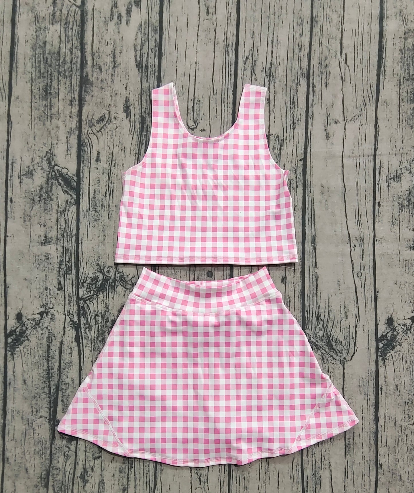 Baby Girl Sleeveless Pink Plaid Tops Shorts Skirt Skort Yoga Active Wear Clothes Set RTS