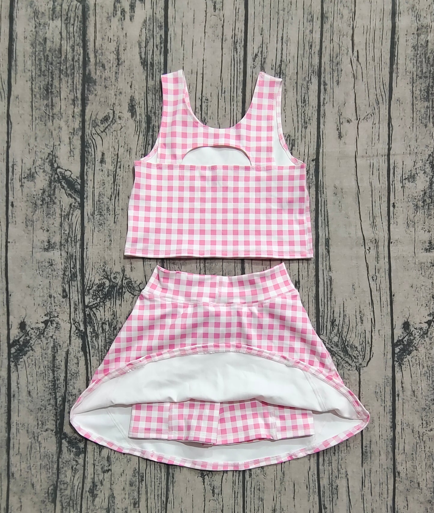 Baby Girl Sleeveless Pink Plaid Tops Shorts Skirt Skort Yoga Active Wear Clothes Set RTS
