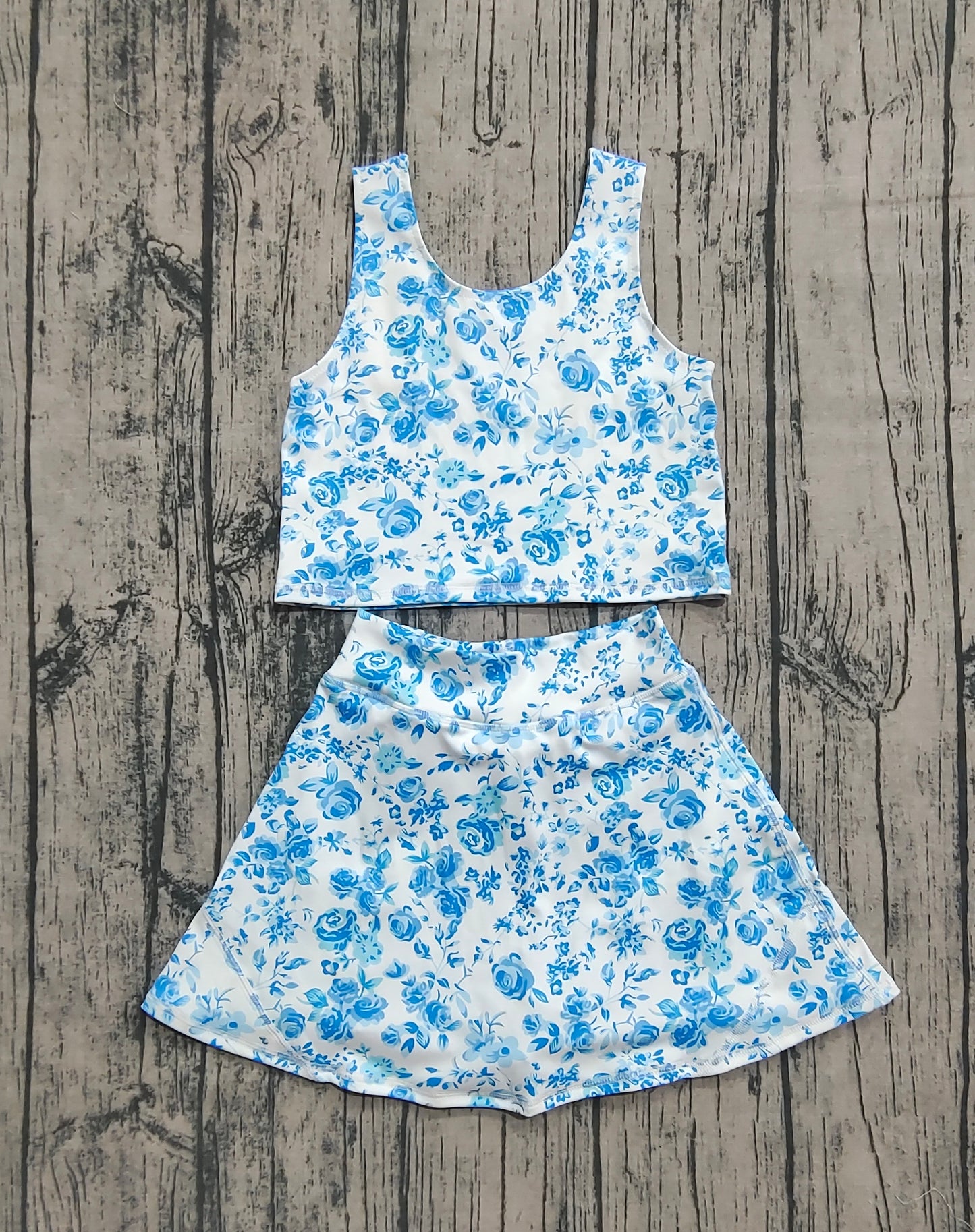Baby Girl Sleeveless Blue Floral Tops Shorts Skirt Skort Yoga Active Wear Clothes Set RTS