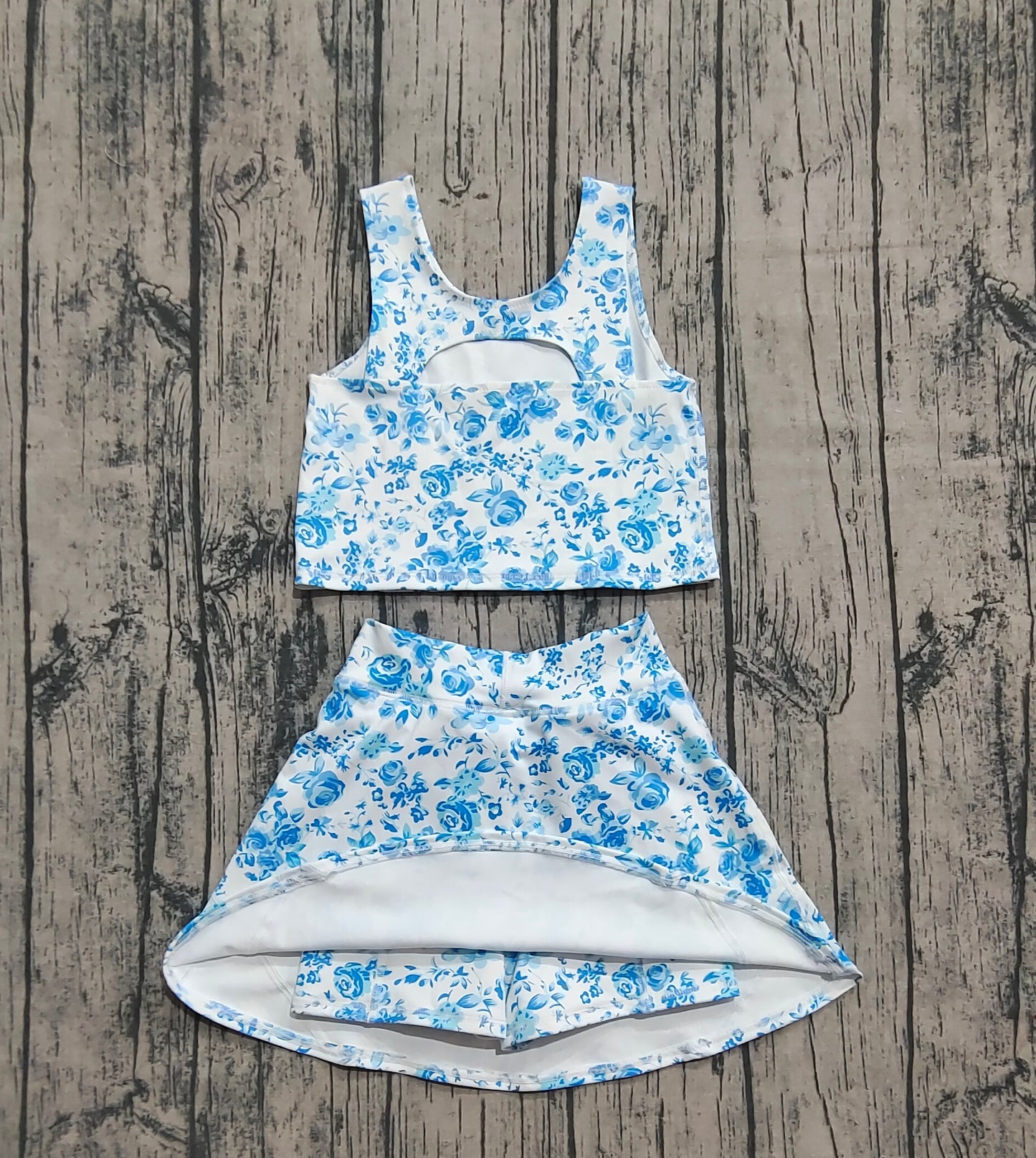 Baby Girl Sleeveless Blue Floral Tops Shorts Skirt Skort Yoga Active Wear Clothes Set RTS