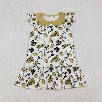 Sibling Baby Girls Gold Bows Footballs Go Team Ruffle Zipper Footie Romper Knee Length Dress