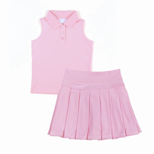 ( Moq 5 ) Preorder Baby Girl Toddler Sleeveless Buttons Shirt Skort Yoga Active Pink Set
