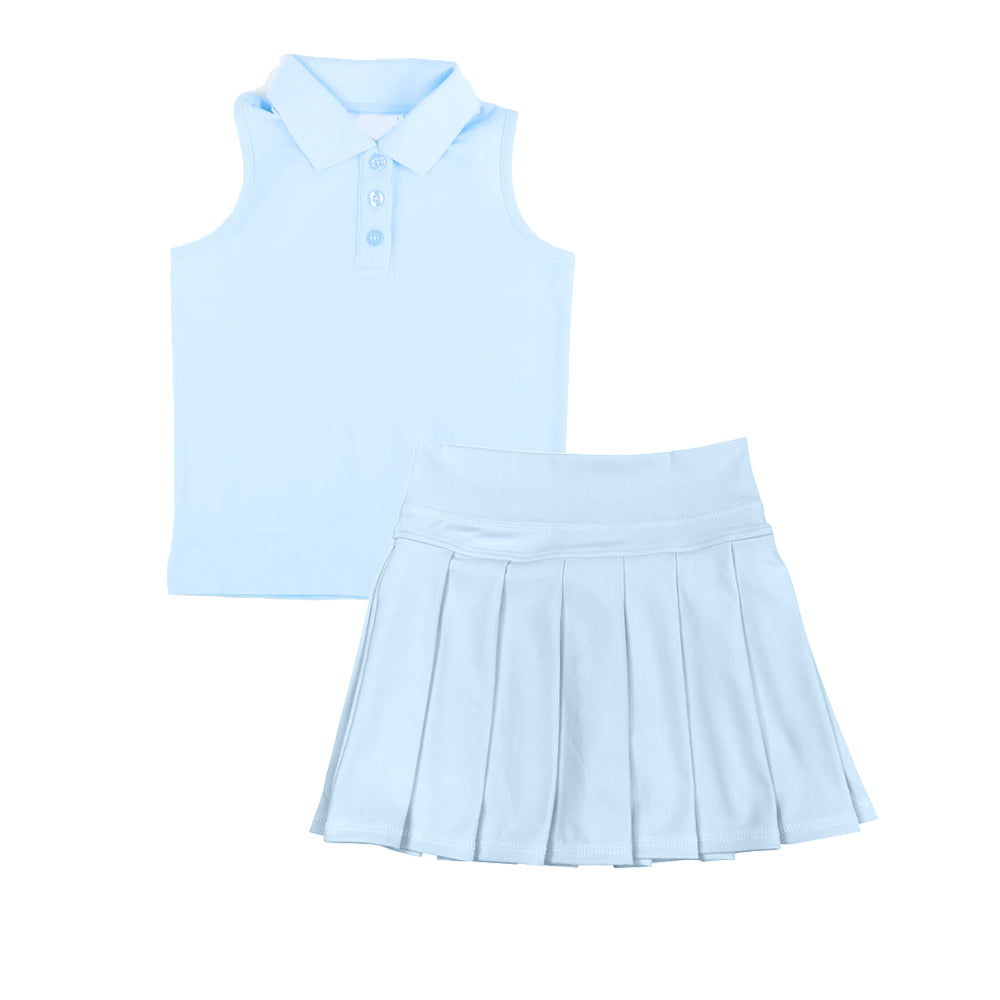 ( Moq 5 ) Preorder Baby Girl Toddler Sleeveless Buttons Shirt Skort Yoga Active Light Blue Set
