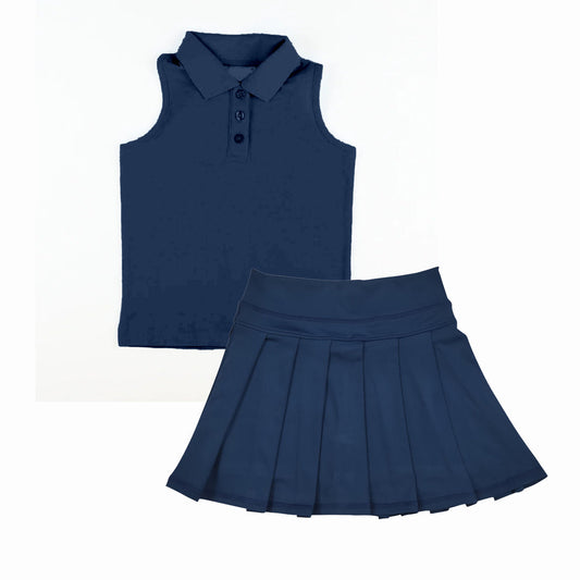 ( Moq 5 ) Preorder Baby Girl Toddler Sleeveless Buttons Shirt Skort Yoga Active Navy Blue Set