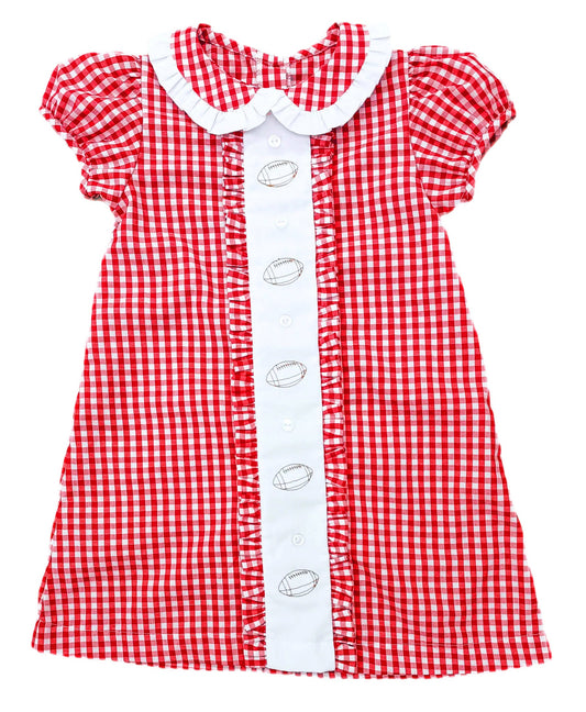 ( Moq 5 ) Preorder Baby Girl Short Sleeves Red Plaid Summer Football Knee Length Dress
