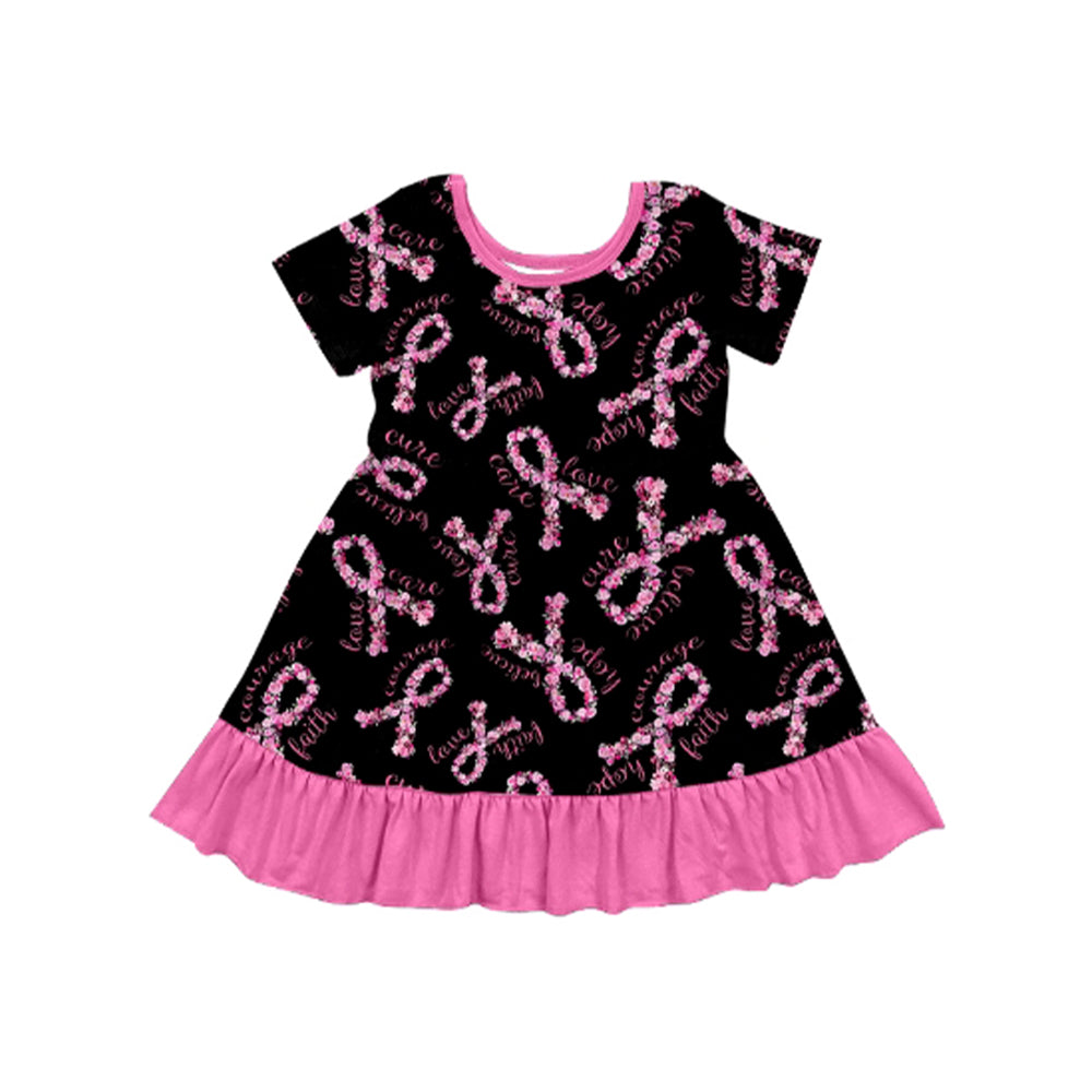 ( Moq 5 ) Preorder Baby Girl Short Sleeves Floral  Bows Pink Ruffle Knee Length Dress
