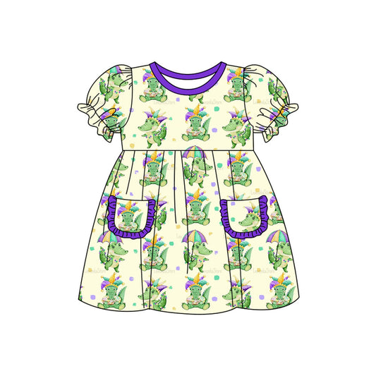 ( Moq 5 ) Preorder Girls Kids Short Sleeves Crocodiles Pockets Mardi Gras Knee Length Dress