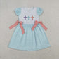 Sibling Baby Girls Kids Embroidery Cross Easter Blue Plaid Easter Dress Set RTS