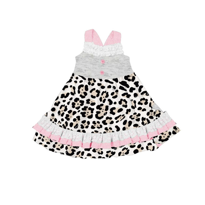 ( Moq 5 ) Preorder Baby Girls Kids Sleeveless Leopard Ruffle Knee Length Dress