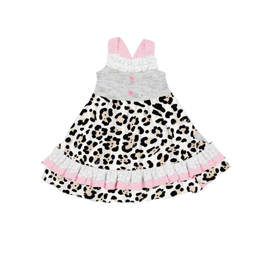( Moq 5 ) Preorder Baby Girls Kids Sleeveless Leopard Ruffle Knee Length Dress