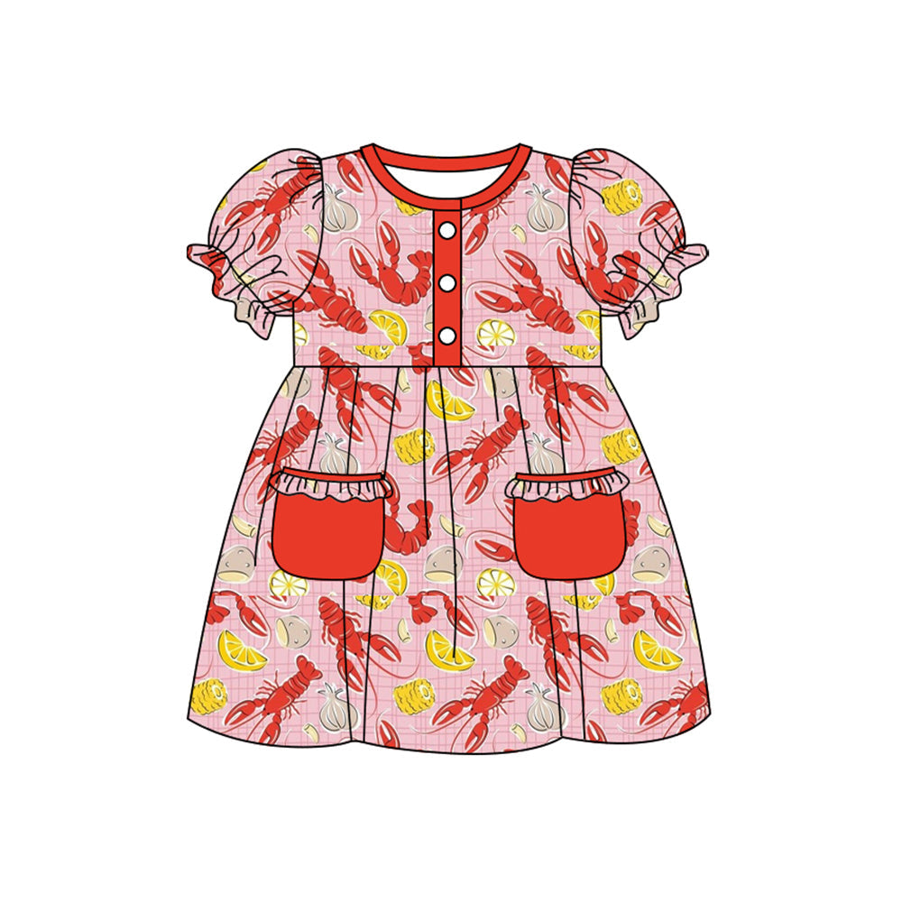 ( Moq 5 ) Preorder Baby Girls Kids Short Sleeves Crawfish Summer Pockets Dress