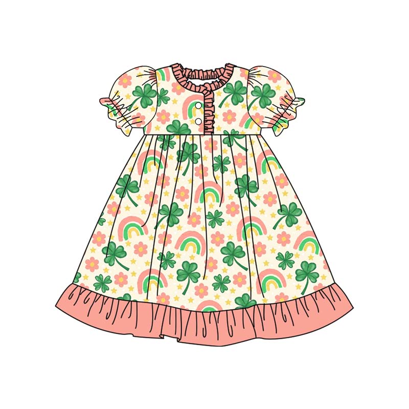 ( Moq 5 ）Preorder Girls Kids Short Sleeves Rainbow Flower St. Patrick's Gown Dress