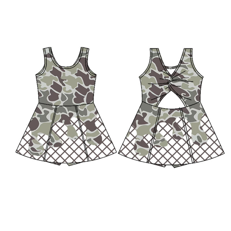 ( Moq 5 ) Preorder Girls Kids Grey Camo Drips Plaid Skort Yoga Active Knee Length Dress