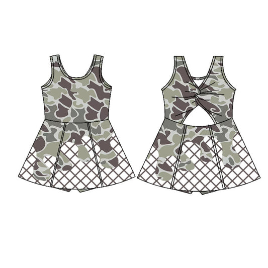 ( Moq 5 ) Preorder Girls Kids Grey Camo Drips Plaid Skort Yoga Active Knee Length Dress