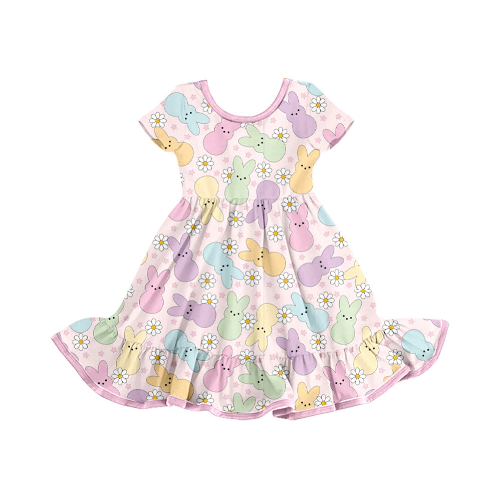 ( Moq 5 ) Preorder Girls Kids Short Sleeves Rabbits Flower Easter Knee Length Dress