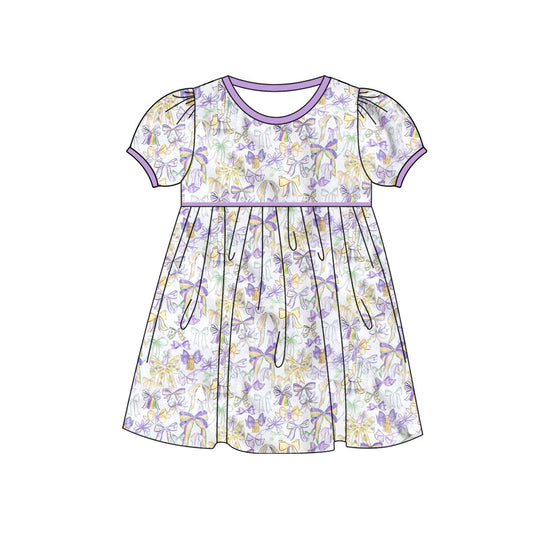 ( Moq 5 ) Preorder Girls Kids Short Sleeves Mardi Gras Bows Knee Length Dress