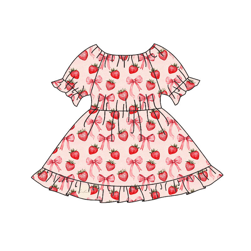 ( Moq 5 ) Preorder Girls Kids Short Sleeves Strawberry Bows Summer Knee Length Dress