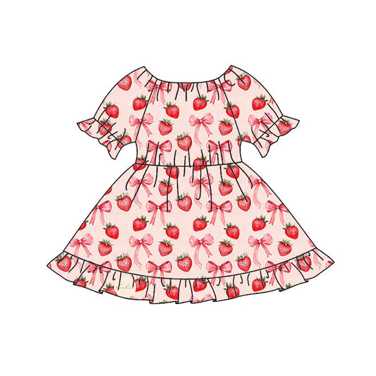 ( Moq 5 ) Preorder Girls Kids Short Sleeves Strawberry Bows Summer Knee Length Dress