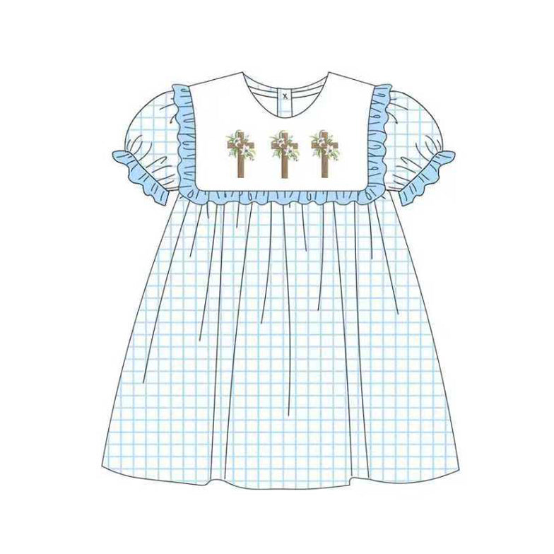 ( Moq 5 ) Preorder Girls Kids Flower Cross Blue Plaid Easter Knee Length Dress