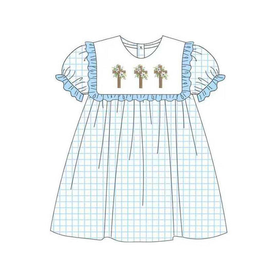 ( Moq 5 ) Preorder Girls Kids Flower Cross Blue Plaid Easter Knee Length Dress