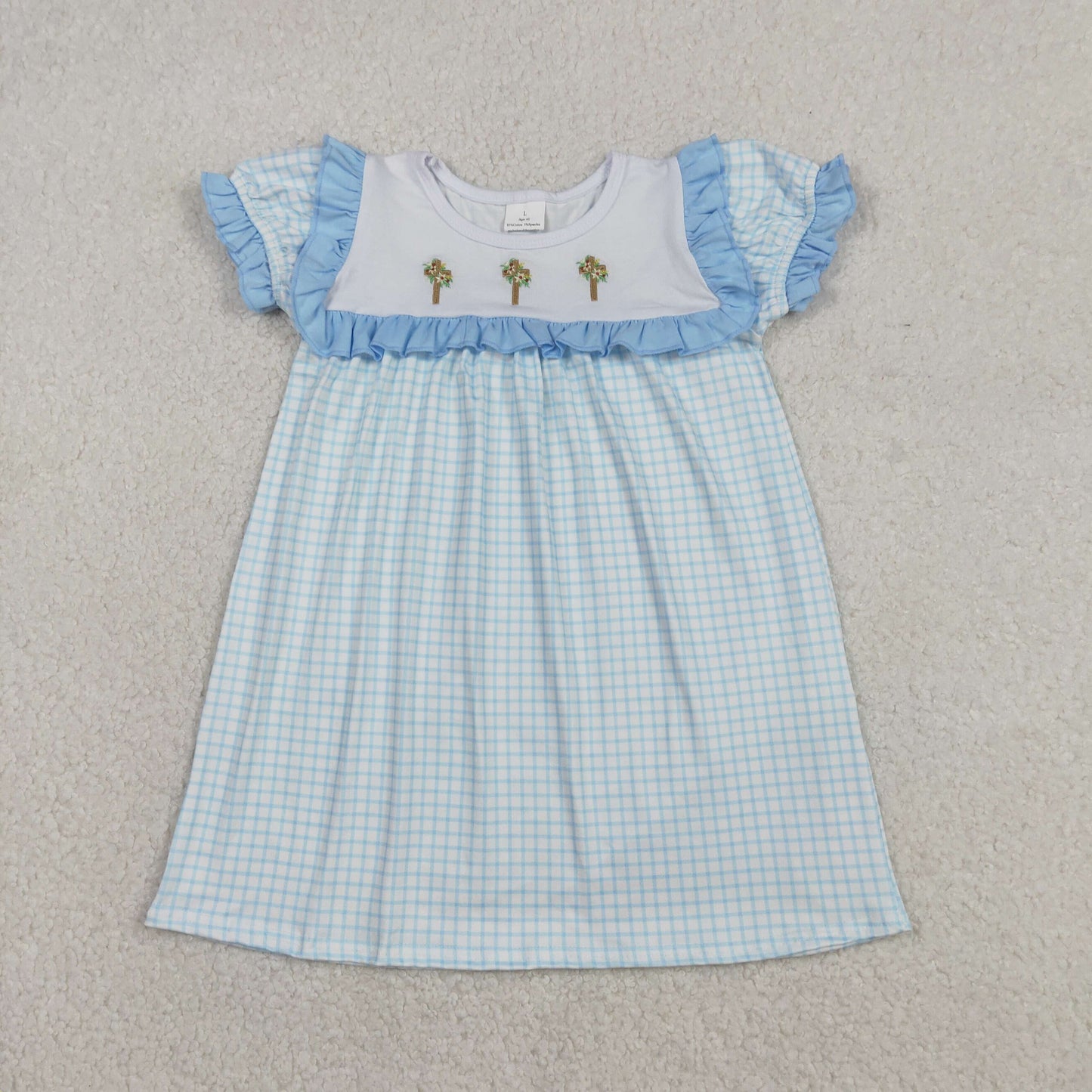 Sibling Baby Girls Kids Short Sleeves Embroidery Flower Crosses Blue Plaid Easter Dress Set RTS