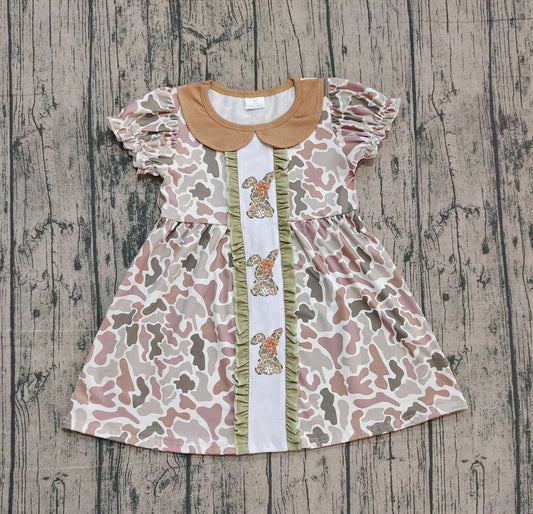 ( No moq ) Preorder Girls Kids Short Sleeves Embroidery Rabbits Bows Camo Easter Knee Length Dress