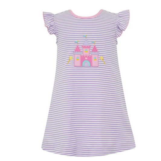 (Moq 5 ) Preorder Girls Kids Short Sleeves Castle Purple Stripes Knee Length Dress