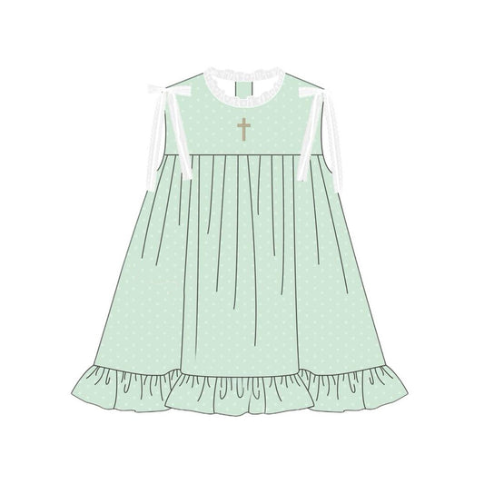 ( Moq 5 ) Preorder Girls Sleeveless Cross Bows Easter Green Knee Length Dress