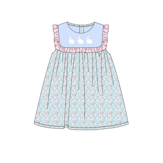 ( Moq 5 ) Preorder Girls Sleeveless Rabbits Floral Easter Knee Length Dress