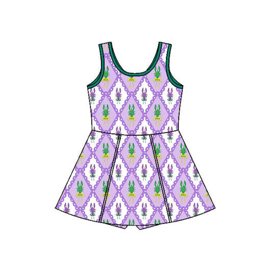 ( Moq 5 ) Preorder Girls Kids Crawfish Plaid Skort Yoga Active Mardi Gras Purple Dress