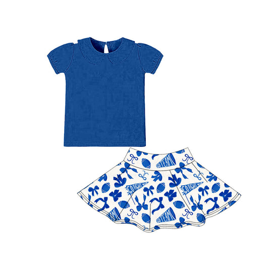 ( Moq 5 ) Preorder Girls Kids Blue Shirt Cheer Bows Football Team Shorts Skirts Skort Yoga Active Set