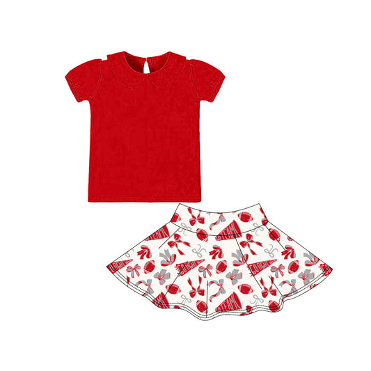 ( Moq 5 ) Preorder Girls Kids Red Shirt Cheer Bows Football Team Shorts Skirts Skort Yoga Active Set