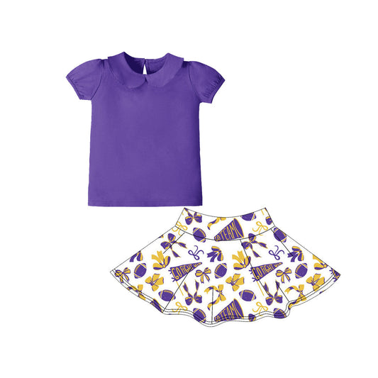 ( Moq 5 ) Preorder Girls Kids Purple Shirt Cheer Bows Football Team Shorts Skirts Skort Yoga Active Set