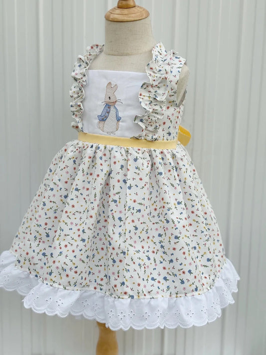 ( Moq 5 ) Preorder Girls Kids Rabbits Floral Easter Ruffle Knee Length Dress