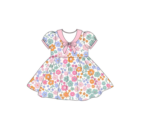 ( Moq 5 ) Preorder Girls Kids Short Sleeves Flower Pink Bow Knee Length Dress