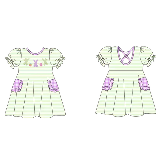 ( Moq 5 ) Preorder Girls Kids Short Sleeves Rabbits Eggs Pockets Stripes Easter Dress