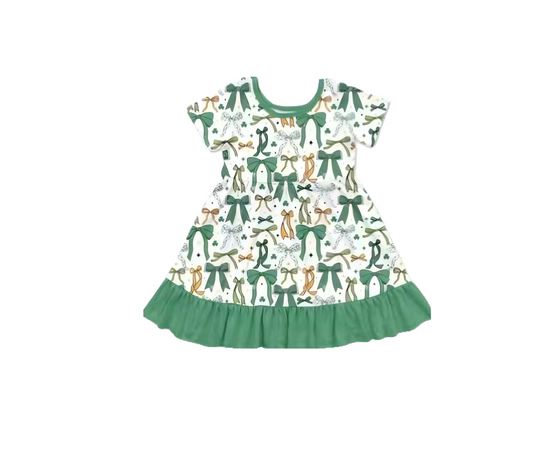 ( Moq 5 ) Preorder Girls Kids Short Sleeves Bows St. Patrick's Day Green Ruffle Dress