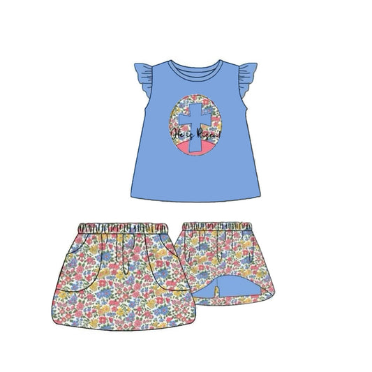 ( Moq 5 ) Preorder Baby Girls Toddler Cross Blue Tops Floral Pockets Shorts Skirt Easter Outfit Clothes Set