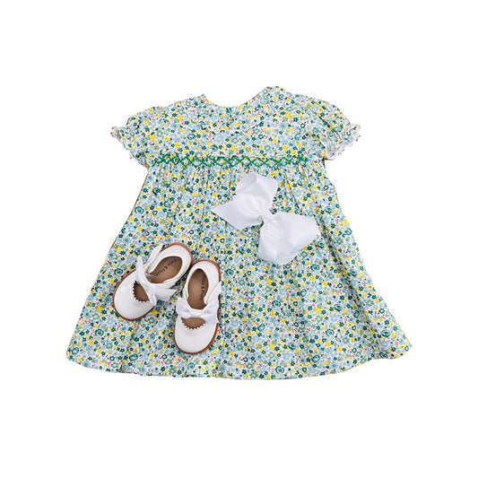( Moq 5 ) Preorder Baby Girls Kids Short Sleeves Floral Green Knee Length Dress
