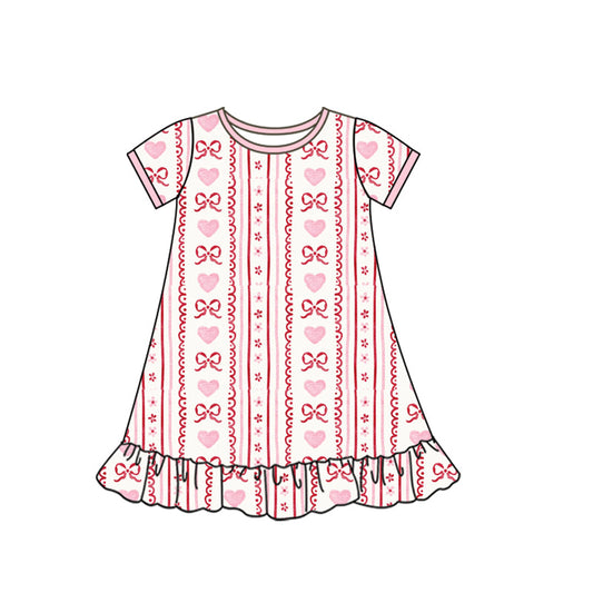 ( Moq 5 ) Preorder Girls Kids Short Sleeves Hearts Bows Floral Valentine Ruffle Dress