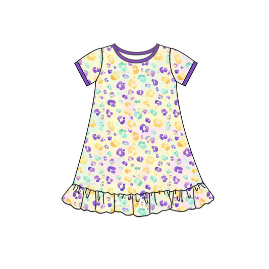 ( Moq 5 ) Preorder Girls Kids Short Sleeves Leopard Mardi Gras Ruffle Knee Length Dress