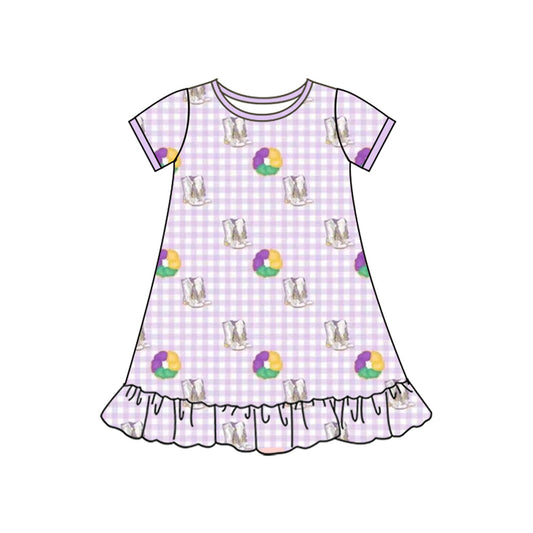 ( Moq 5 ) Preorder Girls Kids Short Sleeves Donuts Boots Mardi Gras Ruffle Knee Length Dress