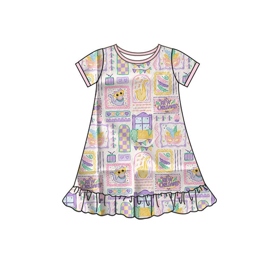( Moq 5 ) Preorder Girls Kids Short Sleeves Masks Mardi Gras Ruffle Knee Length Dress