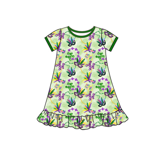 ( Moq 5 ) Preorder Girls Kids Short Sleeves Masks Mardi Gras Knee Length Dress