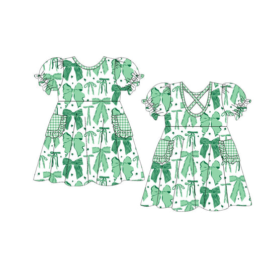 ( Moq 5 ) Preorder Baby Girls Kids Green Bows St Patrick Knee Length Dress