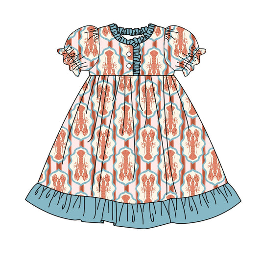 ( Moq 5 ) Preorder Girls Kids Short Sleeves Crawfish Ruffle Knee Length Dress
